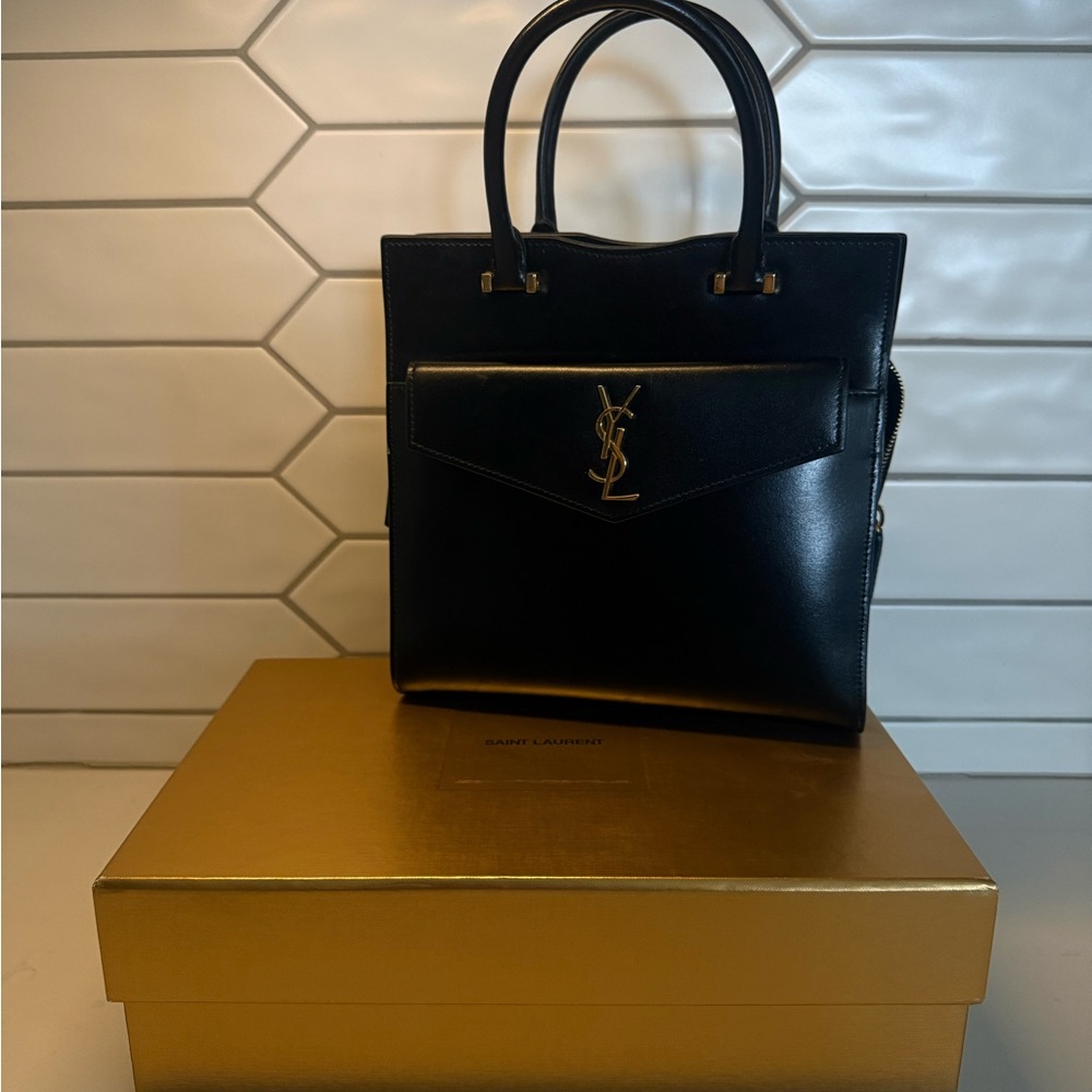 Saint Laurent Black Satchel with Gold Accents